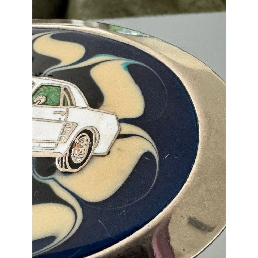 Vintage Ford Mustang Belt Buckle White Muscle Car Enamel Blue Swirl Oval Retro